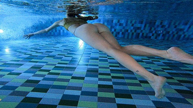 Kelly Aleman, Daniel Wilson, Bunny Cutie: Relax time, public pool teasing actions underwater.