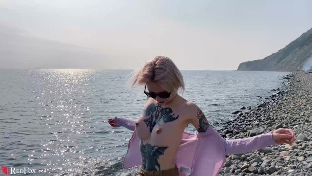 Real Red Fox, Alena German: Blonde Public Blowjob Dick and Cum in Mouth by the Sea - Outdoor