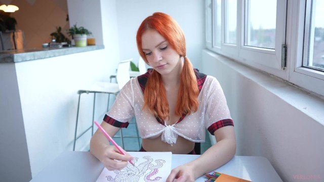 Verlonis: Schoolgirl draws a coloring Book and Spreads her legs when a guy comes for Creampie